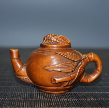 Antique Collection Tea Pot Statue Bamboo Leaf Handle Wooden Carving Decoration