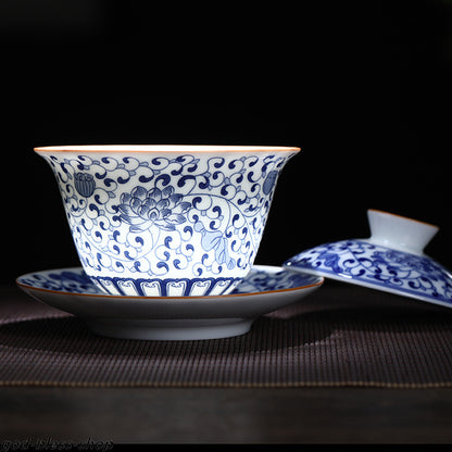Jingdezhen Blue-and-white Porcelain Gaiwan Chinese Ceramic Tureen With Saucer
