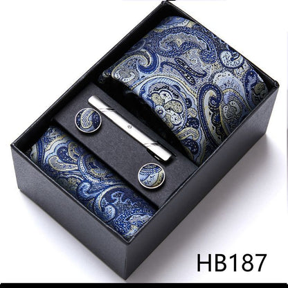 Men Neckties 5Pcs Business Ties Hanky Cufflink Set Clips Corbatas Gift Box 7.5cm