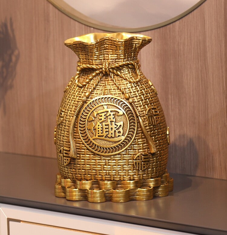 Brass Chinese Coin Pot Money Pocket Statue Saving Wealth Feng Shui Home Decor