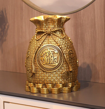 Brass Chinese Coin Pot Money Pocket Statue Saving Wealth Feng Shui Home Decor