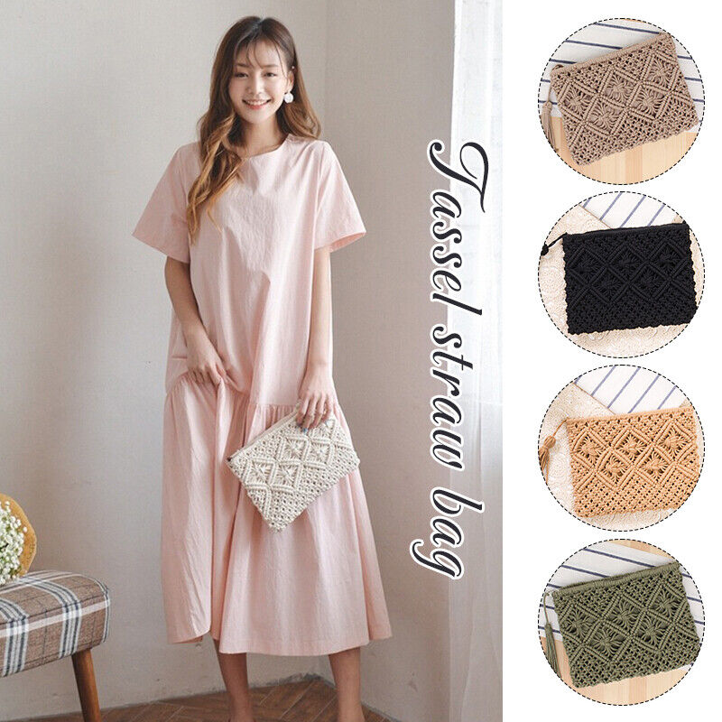Boho Woven Handbag Women Summer Beach Cotton Tassel Bag Rattan Shoulder Ladies