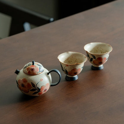 Handpainted Tea Pot Matching Tea Cup Ceramic Pot Ball Shaped Infuser Holes Tray