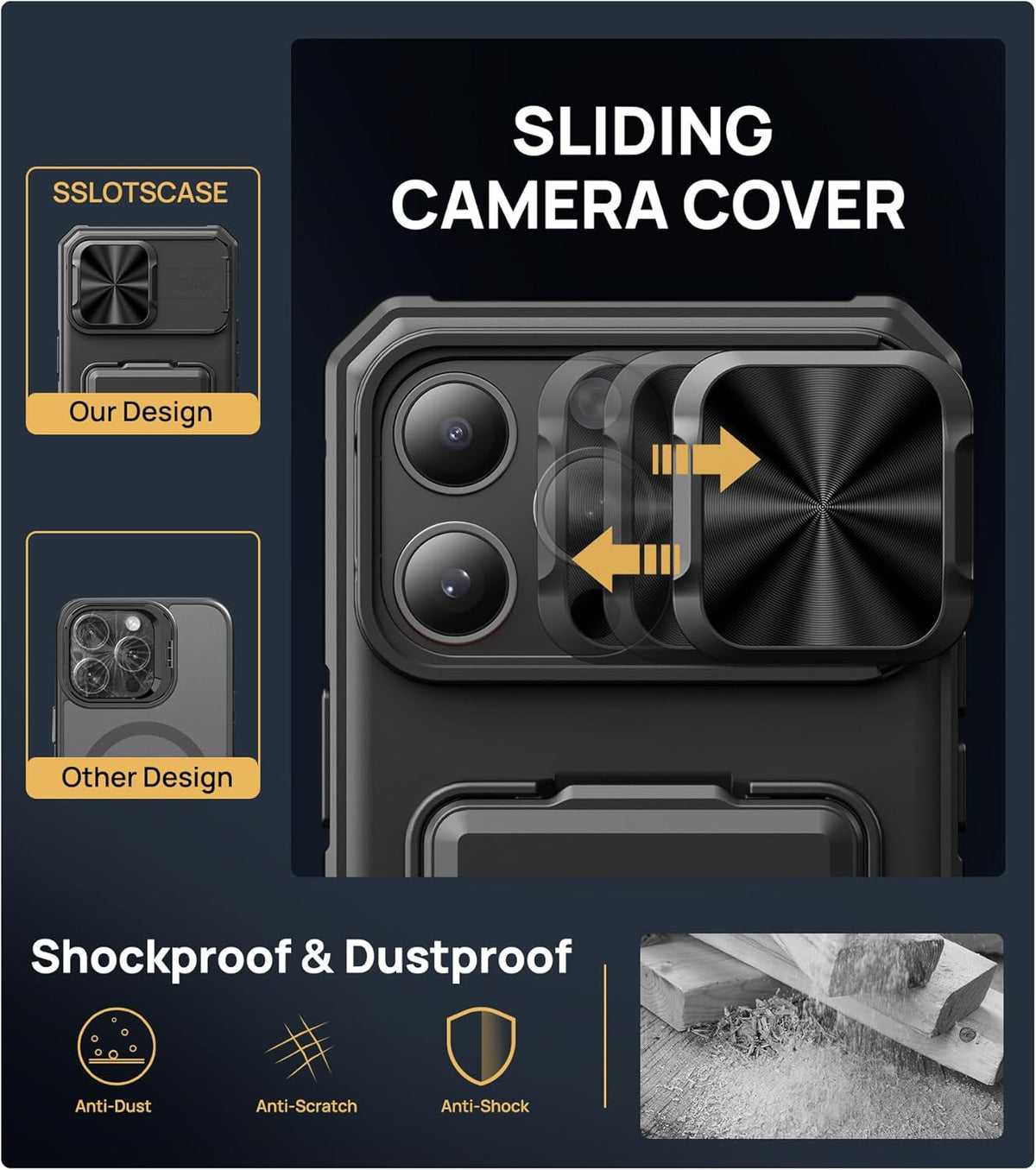 for Iphone 15 Pro Max Case with Card Holder & Kickstand & Slide Camera Lens Cove