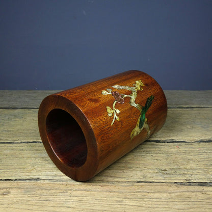 Vintage Rosewood Brush Pot, Inlaid Abalone Magpie Plum, 15cm