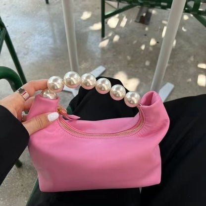 Pink Retro Sense Girl Aged Pearl Hand Dumpling Bag PU Bag Crossbody Bag New