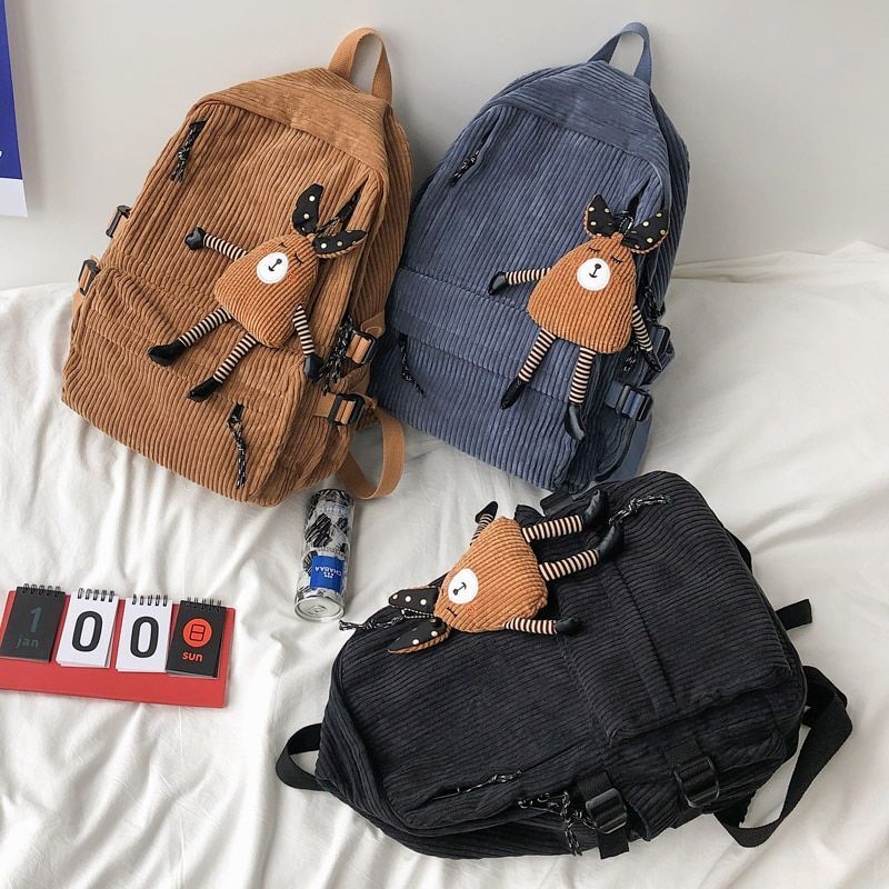 Corduroy Backpack Stripe School Bag Teenage Backpack 30*42*13CM Black/Blue/Khaki