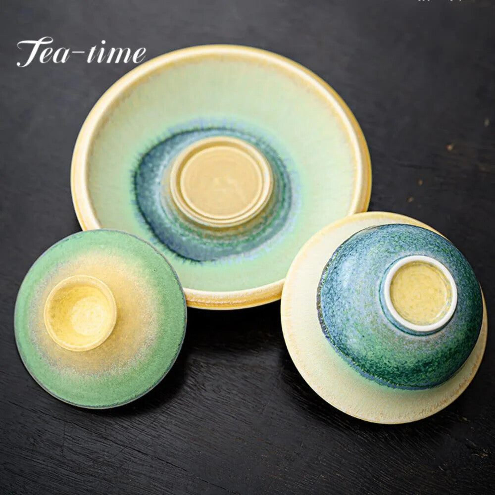 150ml Kiln Change Green Hill Ceramic Gaiwan Tea Set Tea Bowl Saucer Tea Tureen
