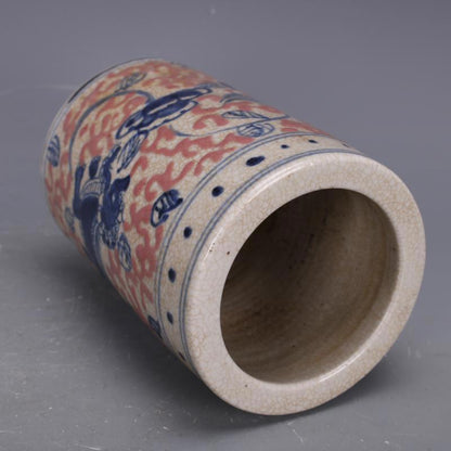 5.3" China Ming Blue-and-white Porcelain Red Glaze Animal Lion Brush Pot