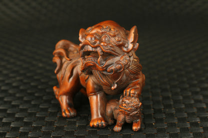 Chinese Wood Boxwood Carving Fengshui Foo Fu Dog Guardion Door Lion Pair Statue