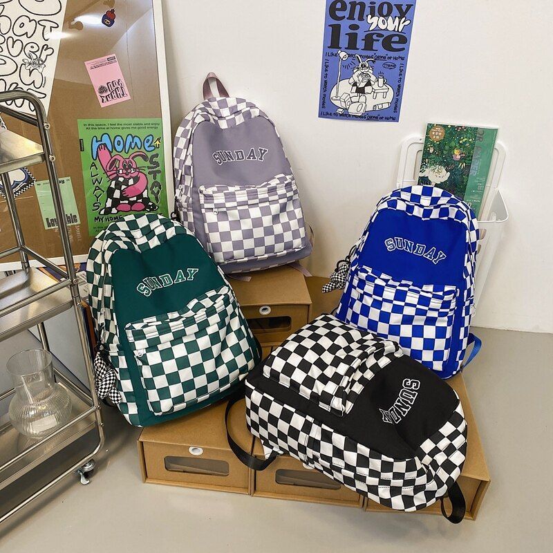 Letter Printing Women Backpack Nylon Travel Bag Fashion Plaid Schoolbag Bookbag
