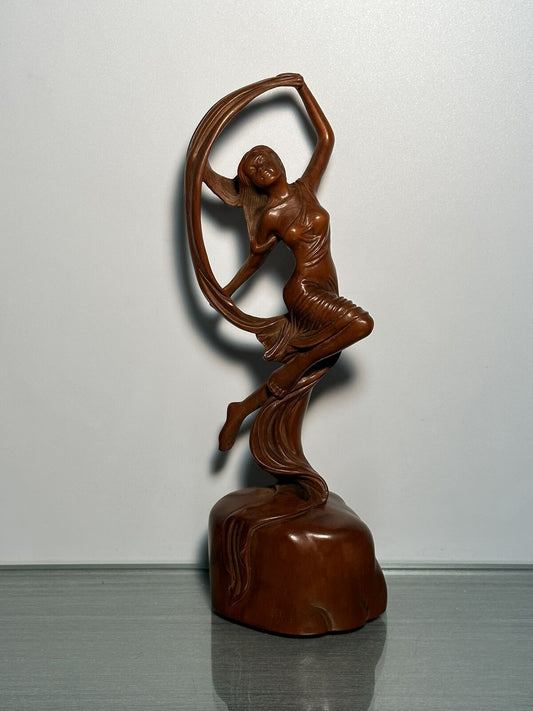 Chinese Boxwood Figures Statues Wood Carving Beautiful Woman Girl Figurine Decor