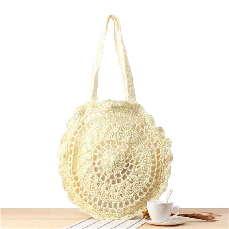 Womens Hollow-out Crochet Round Soft Straw Beach Bags One-Shoulder Shopping Bags