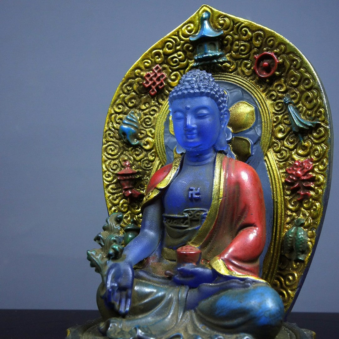 Vintage Old Liuli Medicine Buddha, Hand-Painted Gilded, 13.5cm, Qianlong Mark