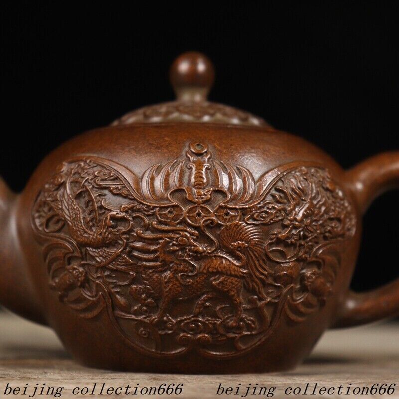 5.6" Chinese Ancient Bronze Dragon Phoenix Kirin Bat Tea Makers Tea Pot Statue