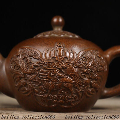 5.6" Chinese Ancient Bronze Dragon Phoenix Kirin Bat Tea Makers Tea Pot Statue
