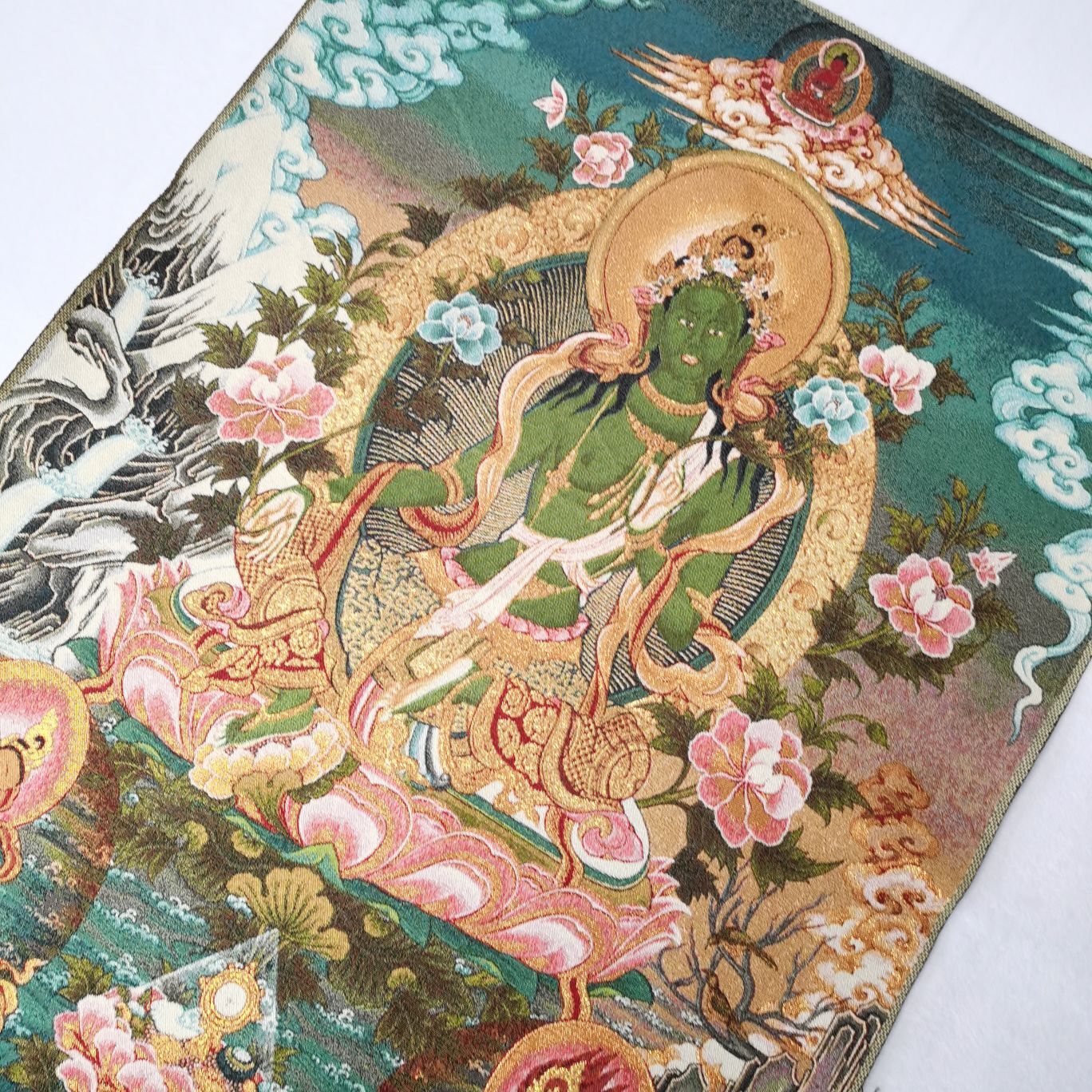 36" Tibet Tibetan Cloth Silk Buddhism Green Tara Guanyin Tangka Thangka Mural 03