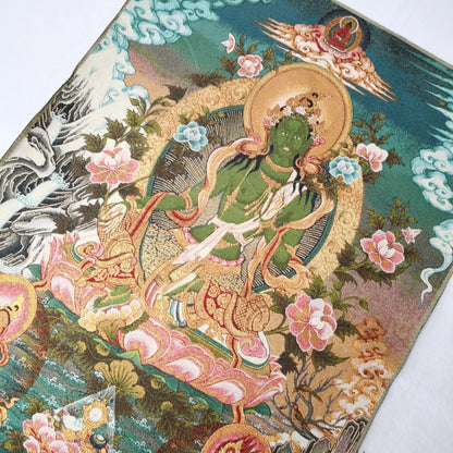 36" Tibet Tibetan Cloth Silk Buddhism Green Tara Guanyin Tangka Thangka Mural 03