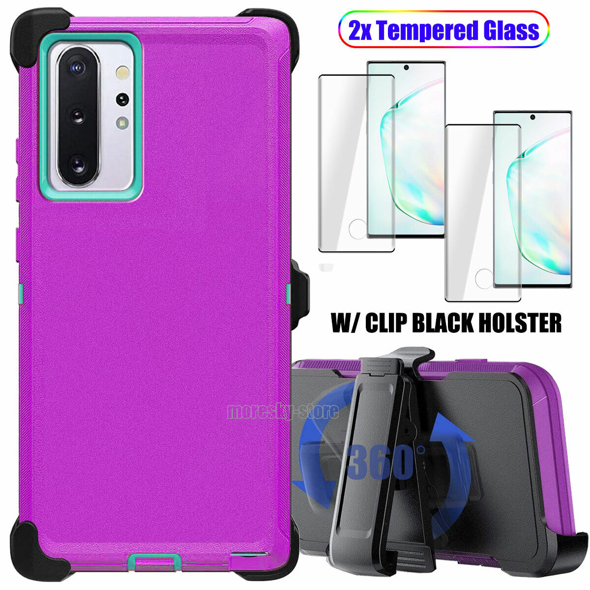 For Samsung Galaxy Note10 Plus 5G Case Impact Clip Holster Cover, Tempered Glass