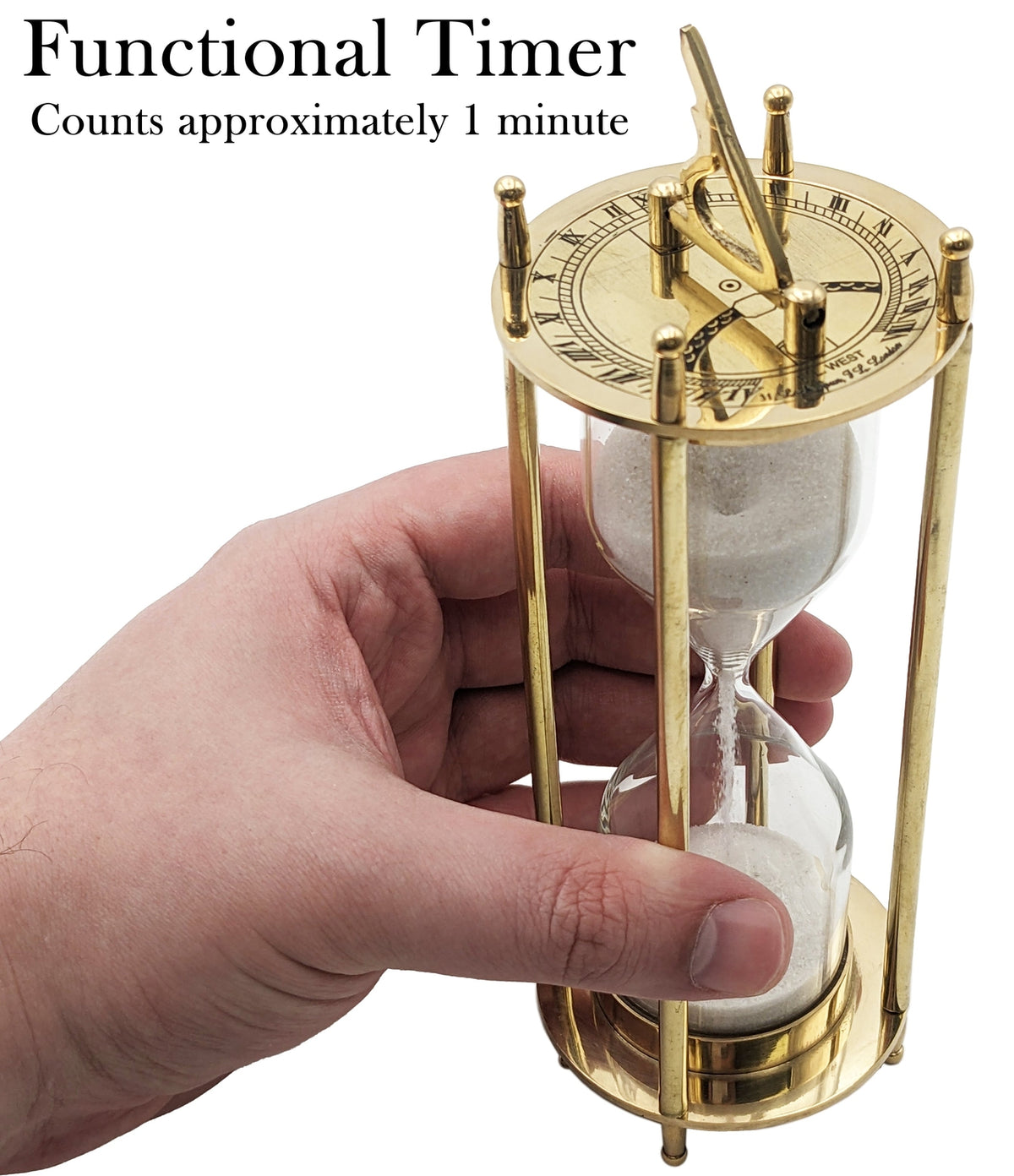 6.7" Brass 1 Minute Hourglass w/ Collapsible Sundials, Functional & Decorative