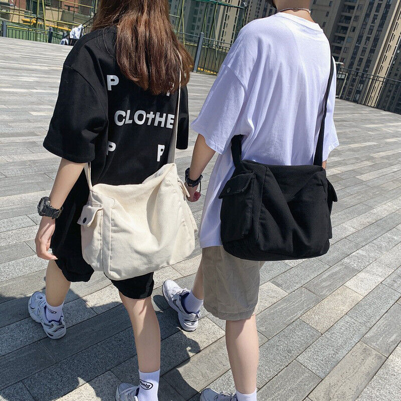 Large Capacity Canvas Shoulder Bag Solid Color School Messenger Bag Travel ⌒