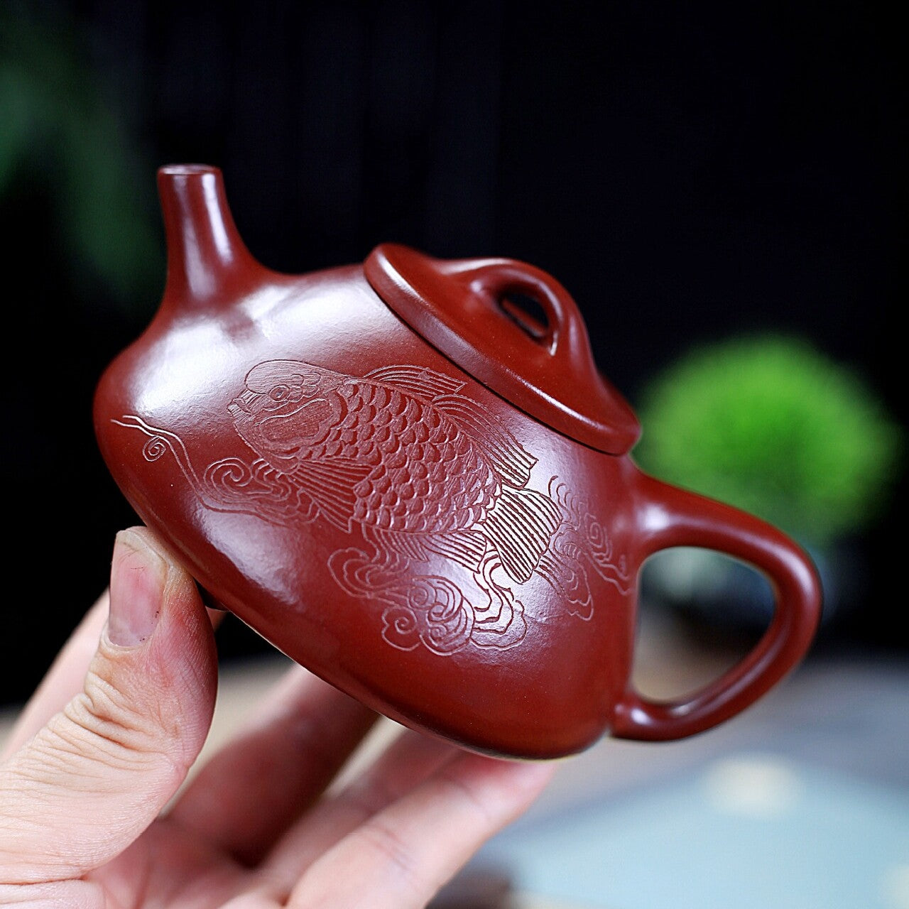 Full Handmade Tea Pot Carved Fish Ziye Shipiao Pot Marked Real Yixing Dahongpao