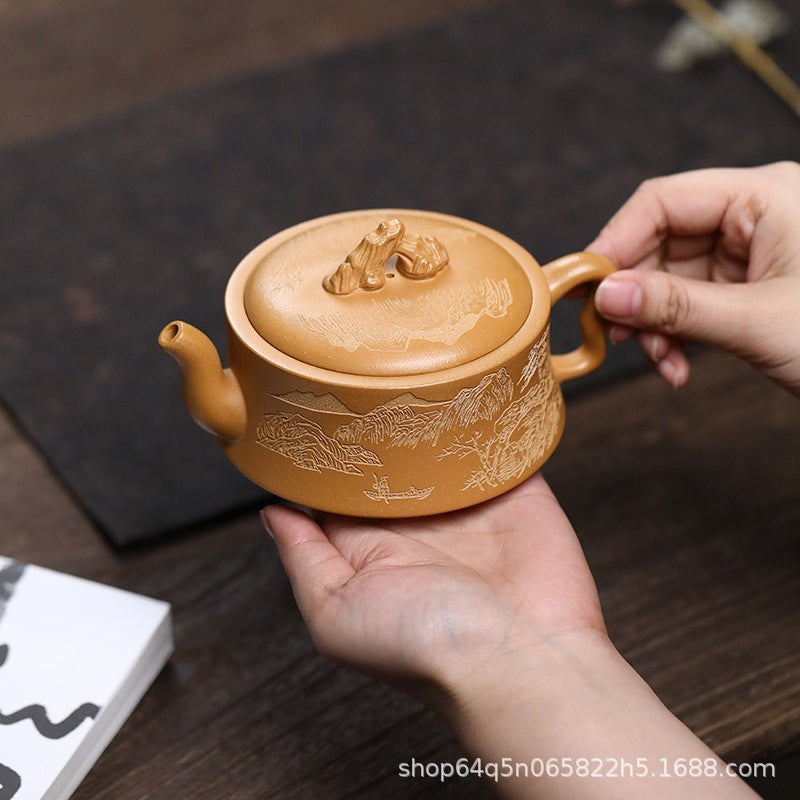 True Yixing Zisha Duan Clay Tea Pot HanWa Pot 7 Infuser Holes Carved Kungfu Pots