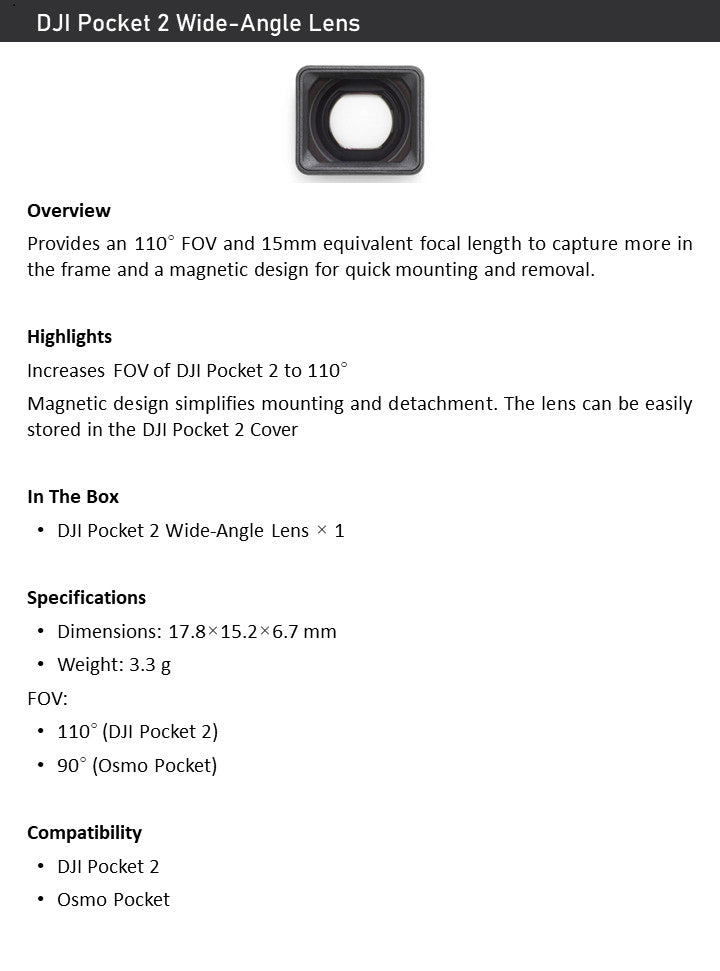 DJI Pocket 2 Wide-Angle Lens – 110° FOV, 15mm, Magnetic, for Osmo Pocket 1/ 2