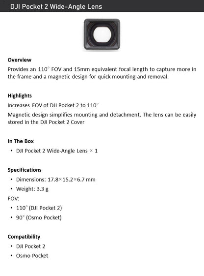 DJI Pocket 2 Wide-Angle Lens – 110° FOV, 15mm, Magnetic, for Osmo Pocket 1/ 2
