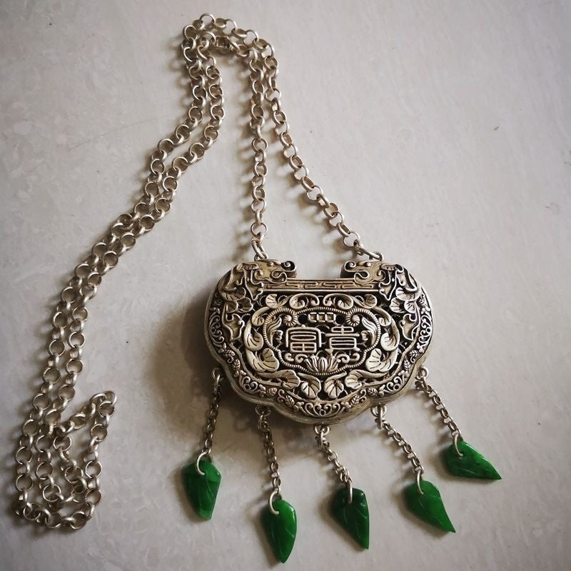 Vintage Hollow Silver Lock Pendant Wealth Pattern Double Sided Antique Jewelry
