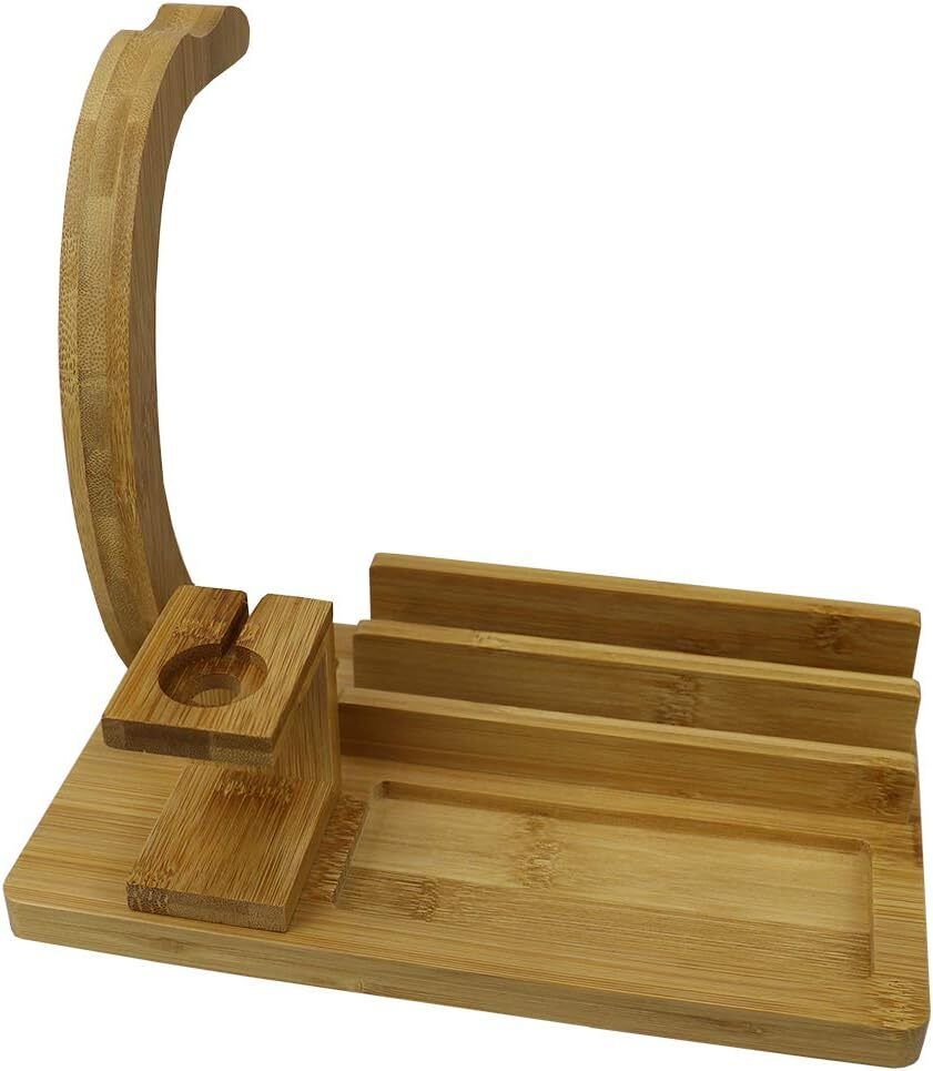 Multi-Purpose Wooden Headphone Station Bamboo Desk Organizer Home Office Decor