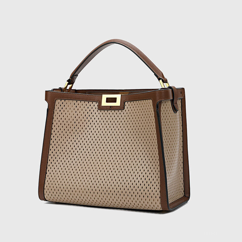 Trapezoid Perforated Real Leather Shoulder Bag Tote Handbag Purse Briefcase
