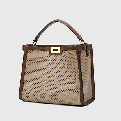 Trapezoid Perforated Real Leather Shoulder Bag Tote Handbag Purse Briefcase