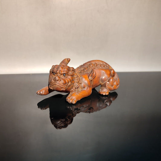 Vintage Folk Art Wood Carving Chinese Unicorn Dragon Sculpture Statue Wooden Art