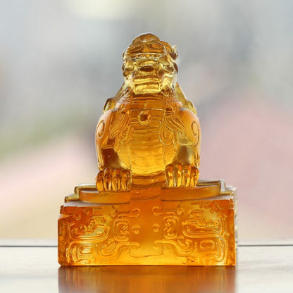 Liu Li Crystal Glass Pi Xiu Seal Statue Feng Shui Ornament Mascot Gift