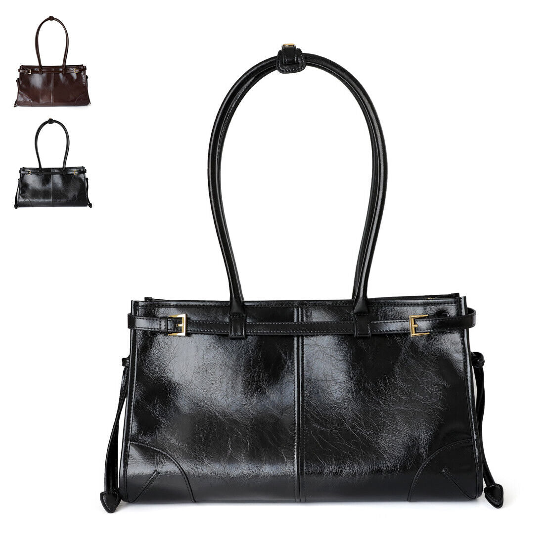 33/38cm Glossy Real Leather Satchel Shoulder Bag Purse Work Handbag Tote Fashion