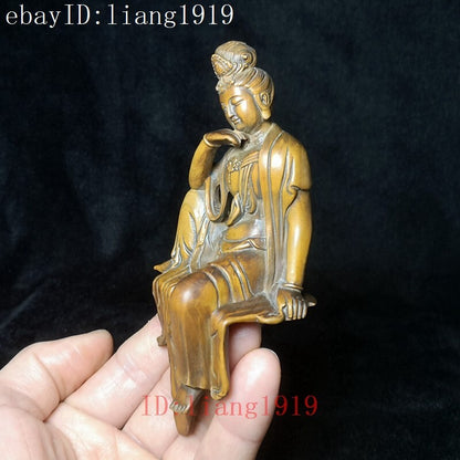 H 5 inch Old Chinese Boxwood Hand Carved Avalokitesvara Kwan-yin Buddha Statue
