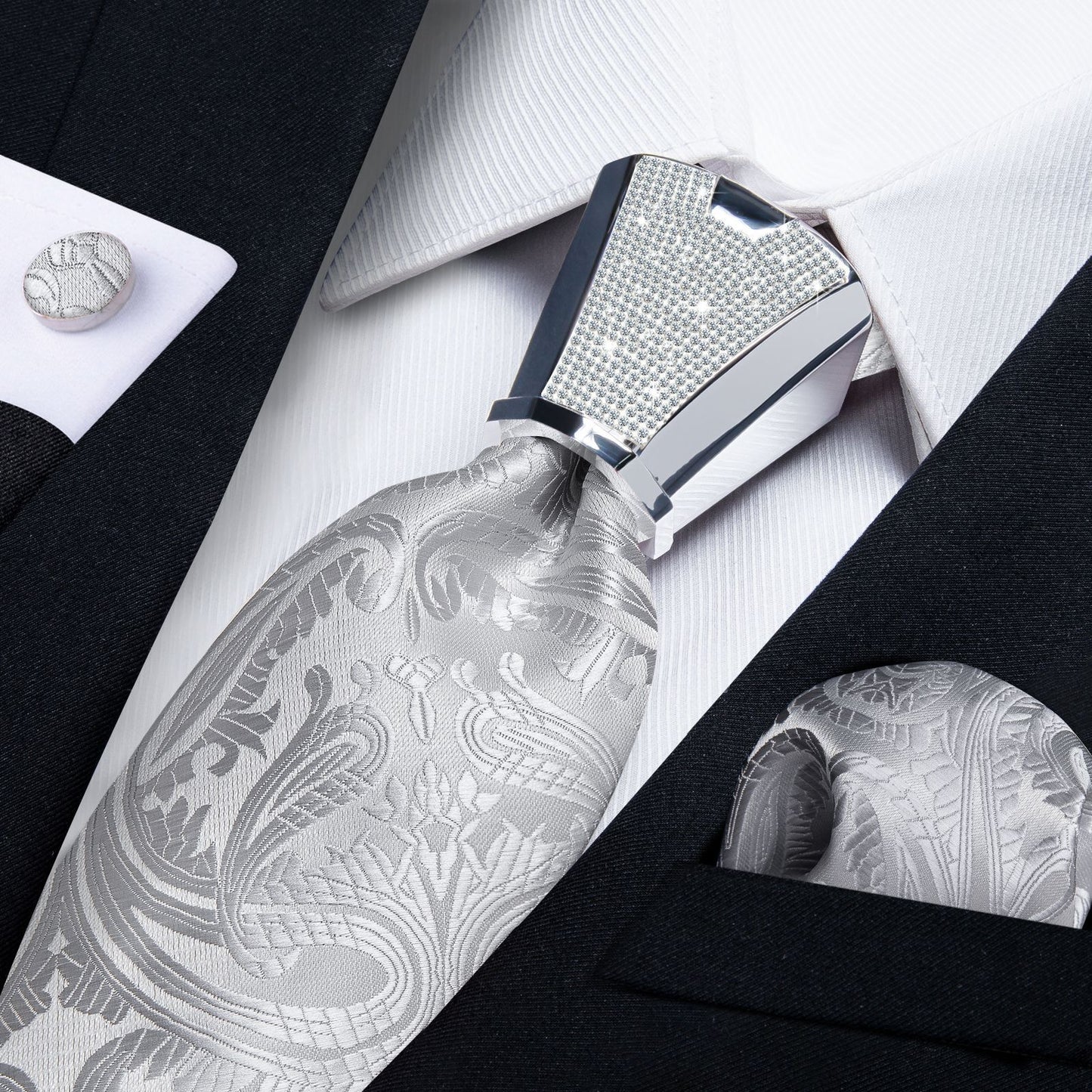 Men Necktie 3Pcs Luxury Striped Ties Cufflinks Pocket Square Wedding Accessories