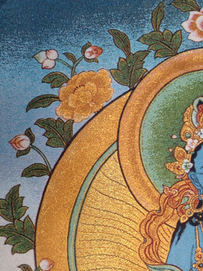 36" Tibet Tibetan Cloth Silk Buddhism Blue Tara Guanyin Tangka Thangka Mural