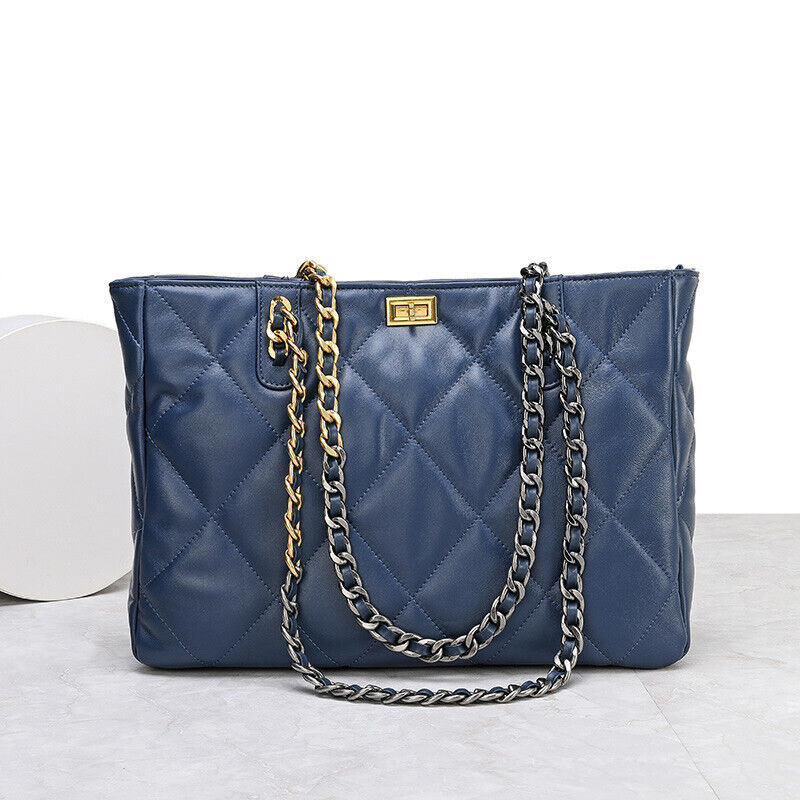 Quilted Sheepskin Leather Shoulder Bag Tote Handbag w/ Chains Purse Fashion