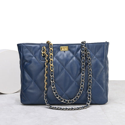 Quilted Sheepskin Leather Shoulder Bag Tote Handbag w/ Chains Purse Fashion