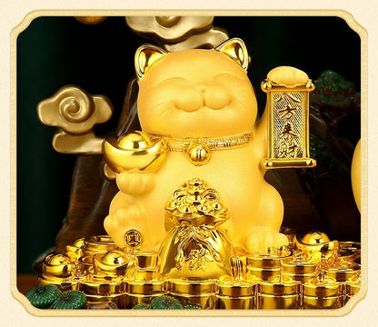Yellow Crystal Stone Money Tree Bonsai Fortune Cat Statue Wealth Feng Shui Decor