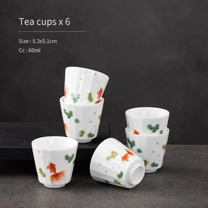 Ceramic Tea Cup Set of 6 Cute Fish Chinese Tea Cups 60ml