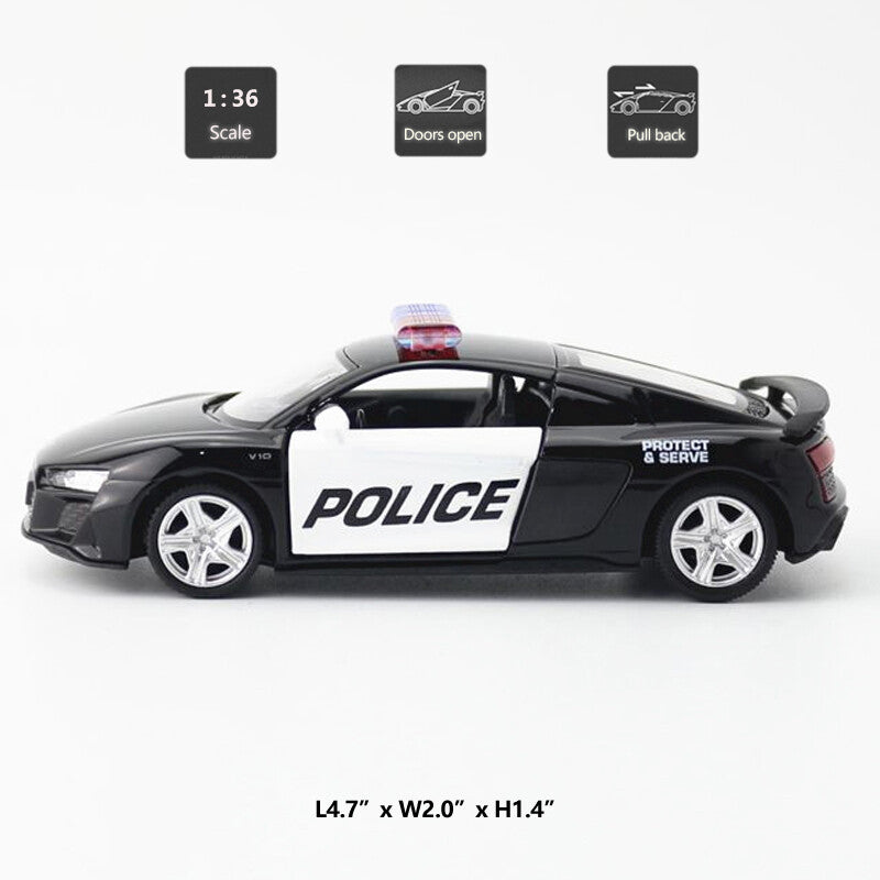 1/36 Audi R8 Police Car Model Metal Diecast Toy Vehicle Toys for Boys Kids Gifts