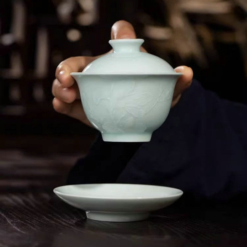 Boutique Tea Set Ceramic Gaiwan Floral Relief Porcelain Tea Cup Pitcher Orchid