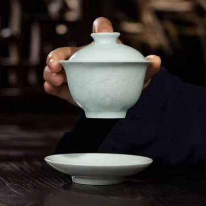 Boutique Tea Set Ceramic Gaiwan Floral Relief Porcelain Tea Cup Pitcher Orchid