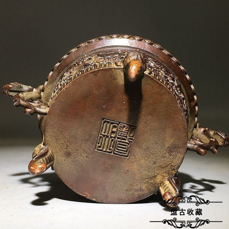 Wealth Dragon Ear Incense Burner 8.5cm Carved Eight Auspicious Symbols