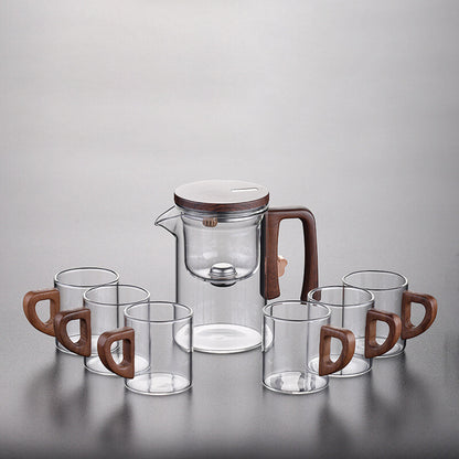 Boutique Tea Pot Matching Cup Glass Wood Handle Tea Tray Tea Water Separation