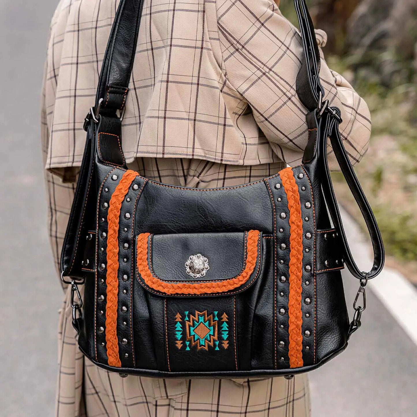 Celela Concealed Carry Embroidered Concho Studs Women Hobo Shoulder Bags Handbag