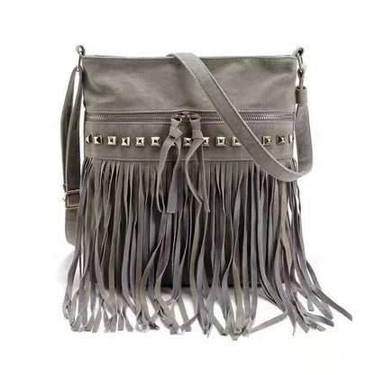 Women Cross Body Shoulder Bag Suede Fabric Rivet Tassel Bag Outdoor Travel